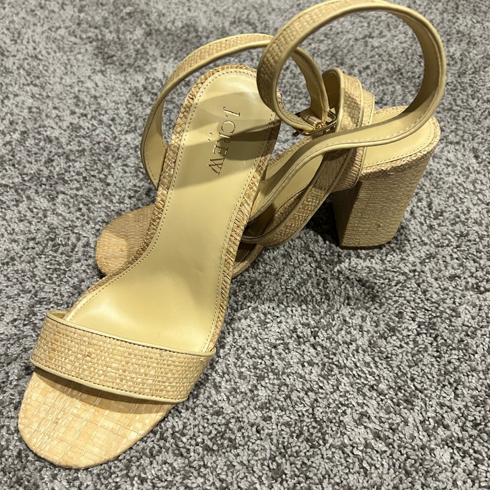 J. Crew Tan Heels with Block Heel and Ankle Strap